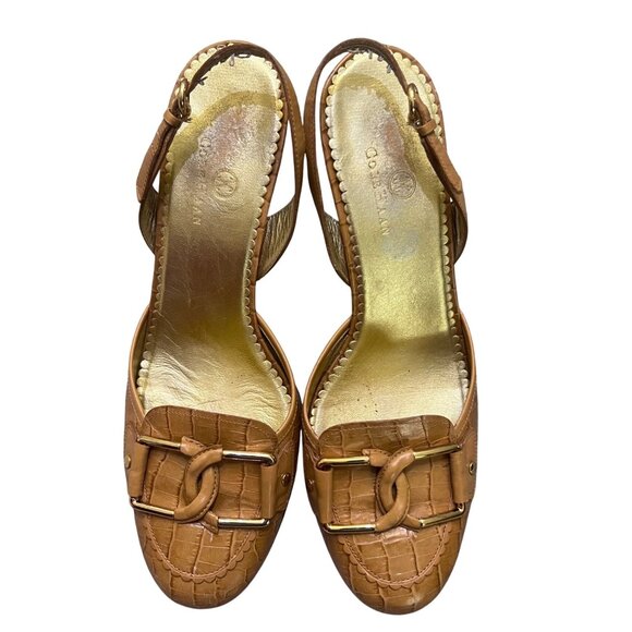 Cole Haan Tan Croc-Embossed Leather Gold Tone Buckle Slingback Heels Size 10B - Picture 1 of 8